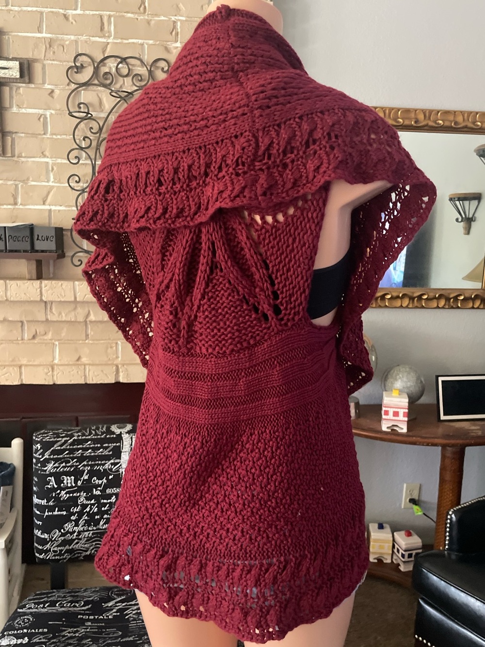Style & Co Maroon Burgundy Chunky Open Knit Shawl Collar Cardigan Vest L